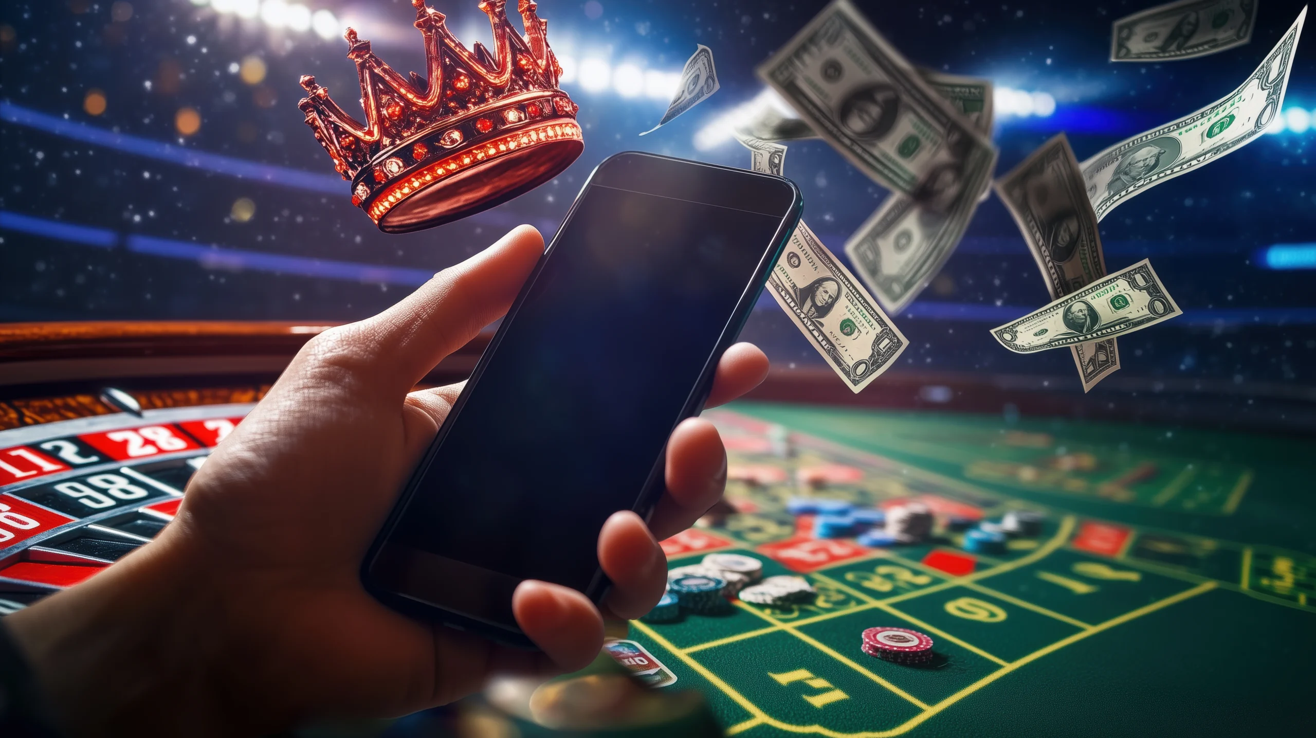 pola mahjong ways hari ini: update pola spin, jam gacor (referensi), RTP resmi, dan tips manajemen modal hand holding smartphone with casino background money flying crown symbolizing online gambling betting